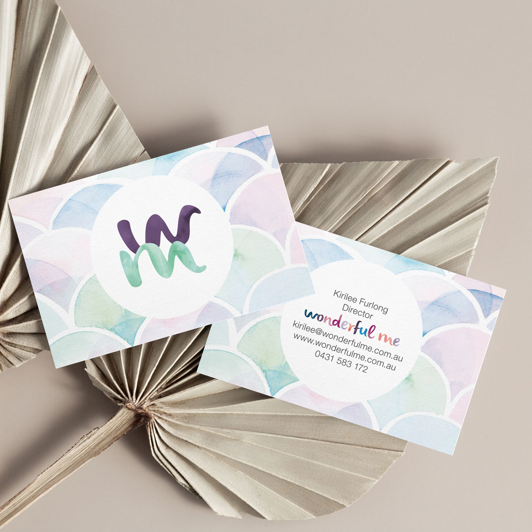 Business cards showing logo of Wonderful Me