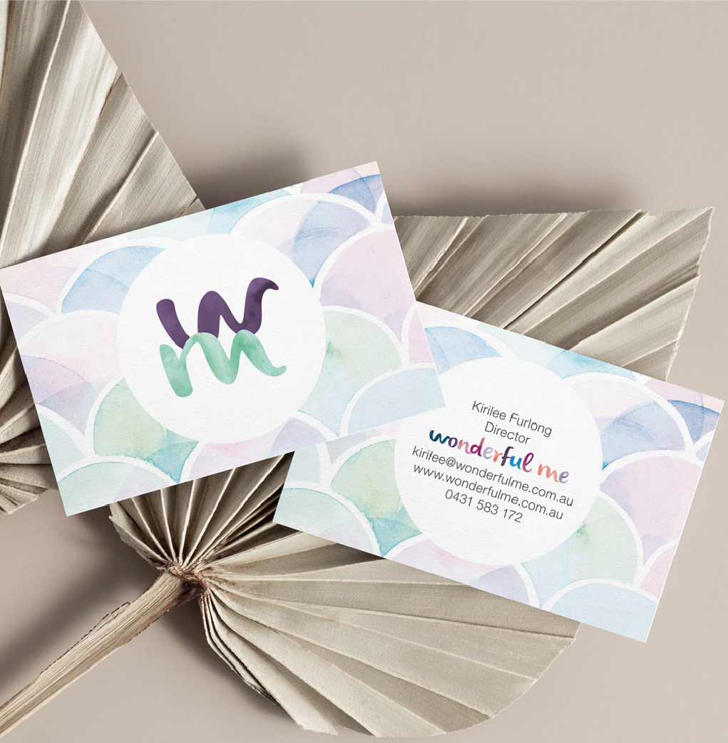 Business cards showing logo of Wonderful Me