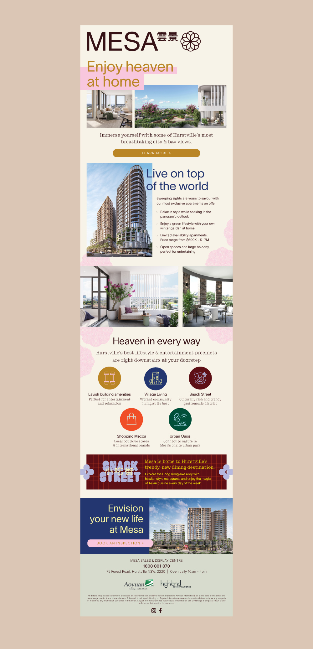 Email newsletter design for Mesa Hurstville on a plain beige background