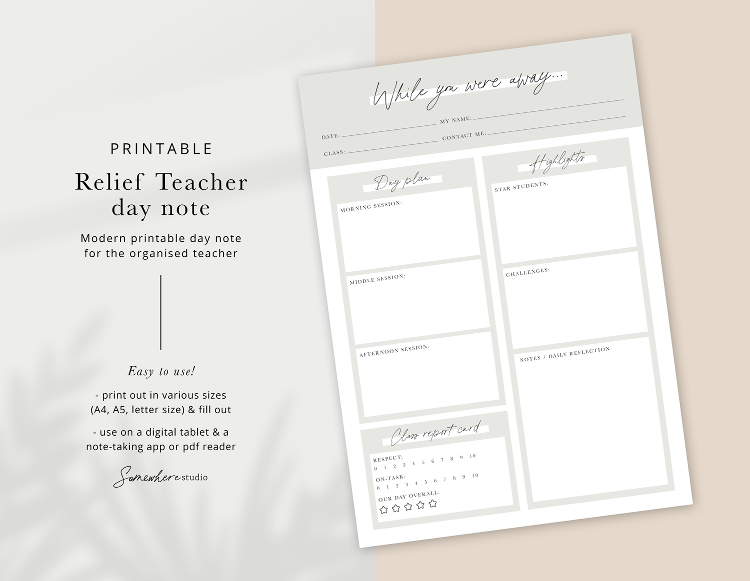 Printable relief teacher day note for the organised teacher