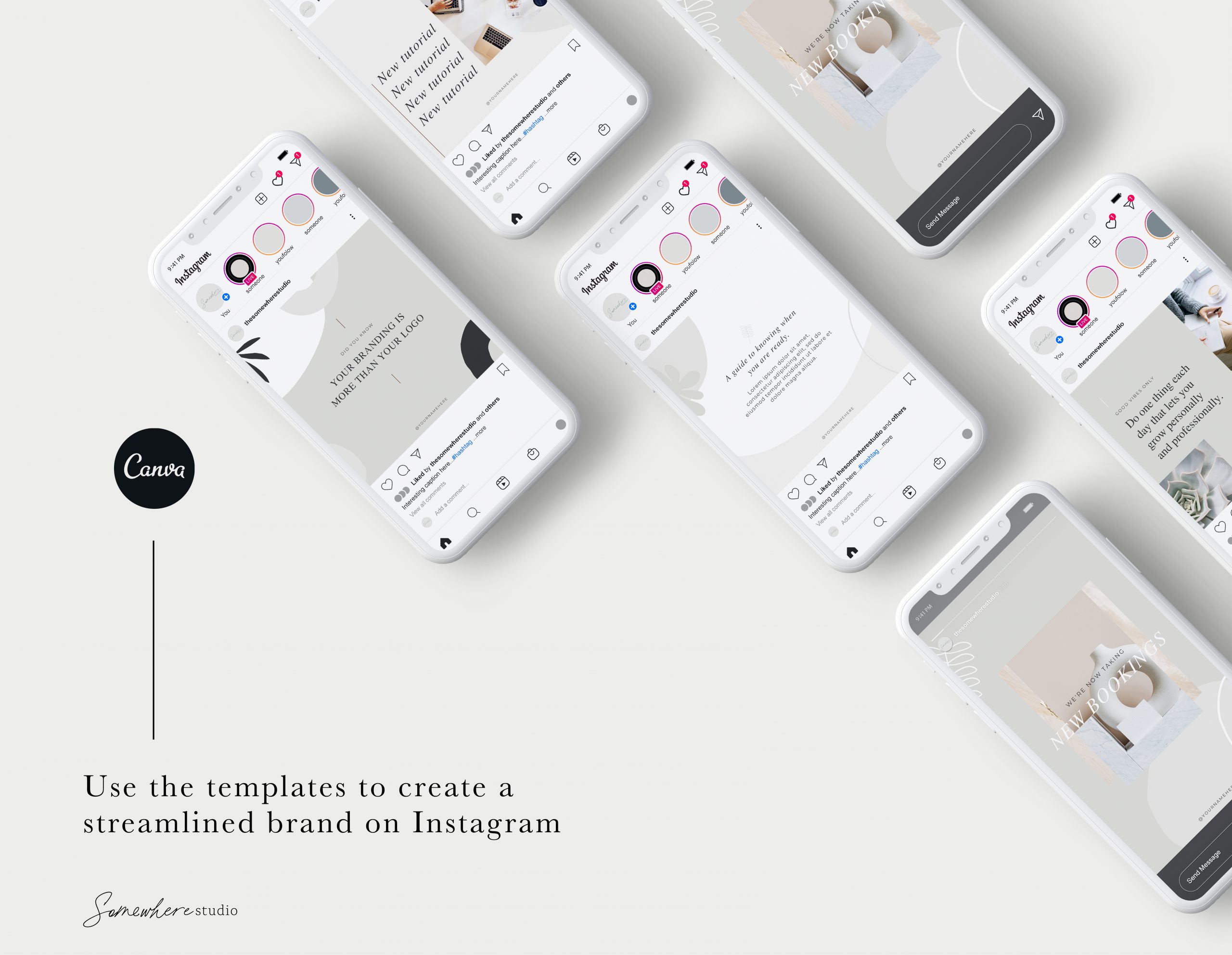 iPhones showing different images of social media templates
